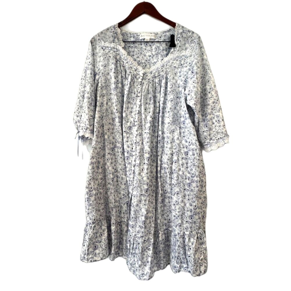 Eileen West Blue White Floral Nightgown XL Cotton Midi 3/4 Sleeves Lace Trim - Picture 3 of 9